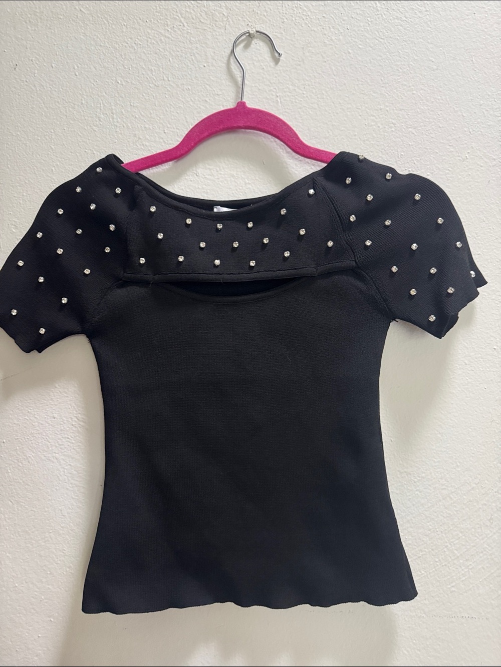 Black Short-Sleeve Embellished Knit Top